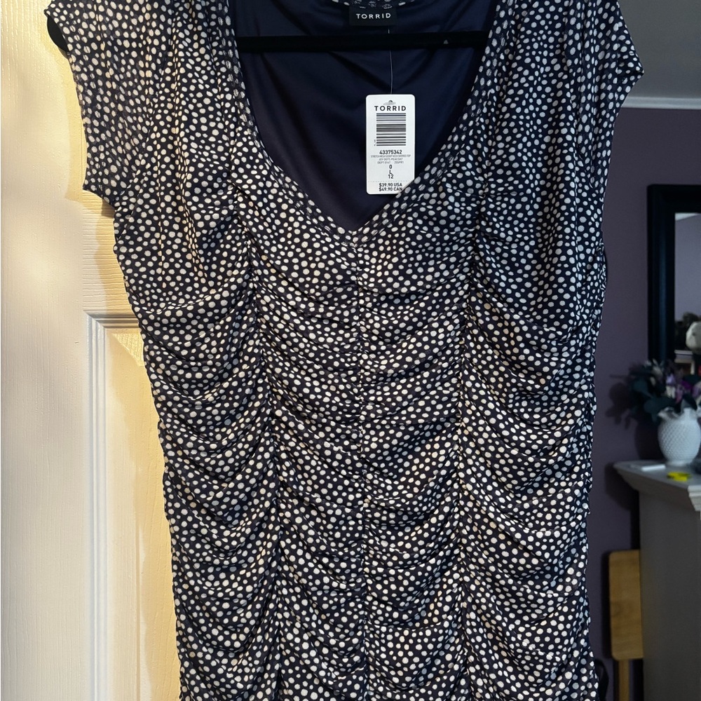 Torrid Navy and White Ruched Polka Dot Blouse